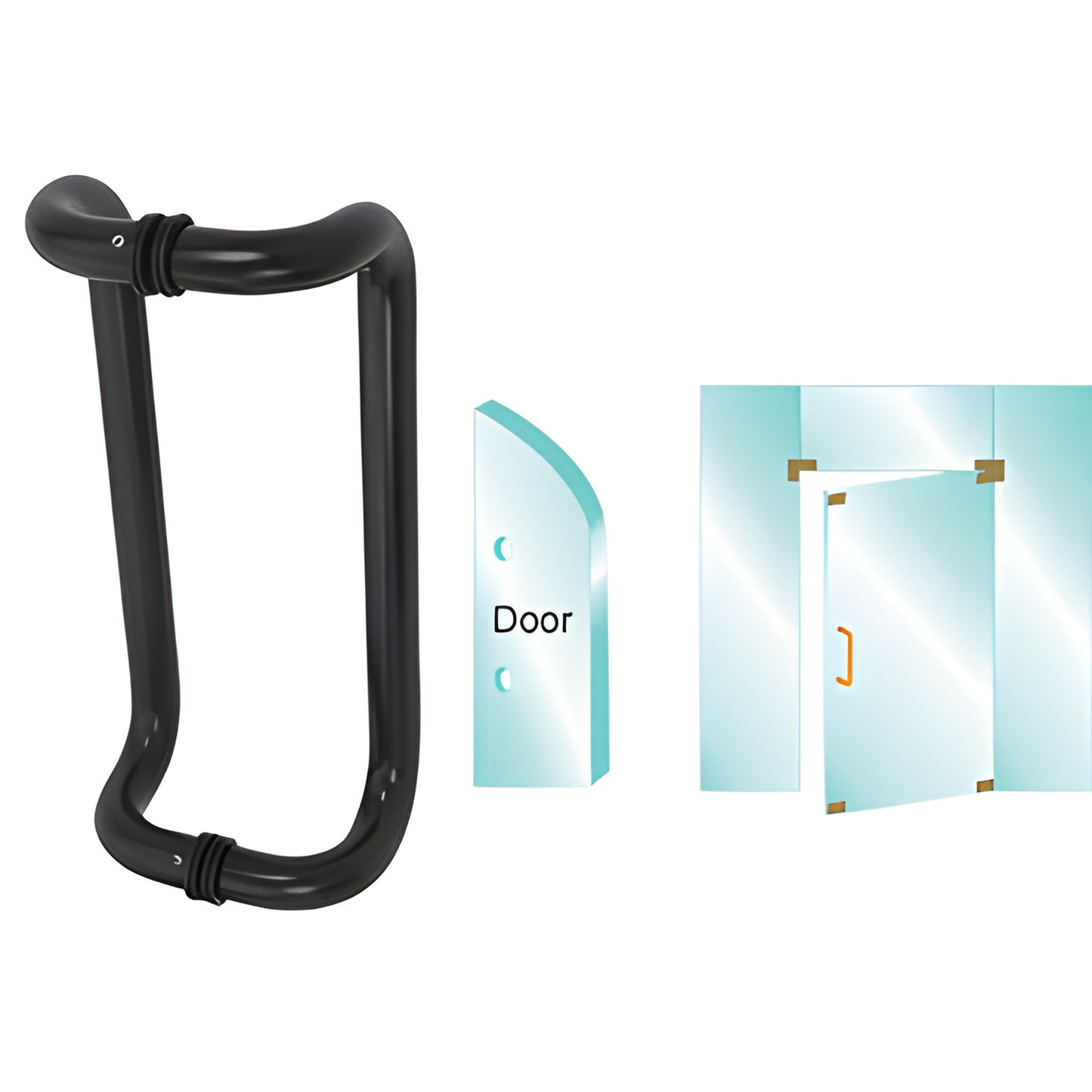 Matte black 12 in glass-mounted pull handle for 3/8-3/4 in tempered glass, includes matching washers and through bolts.