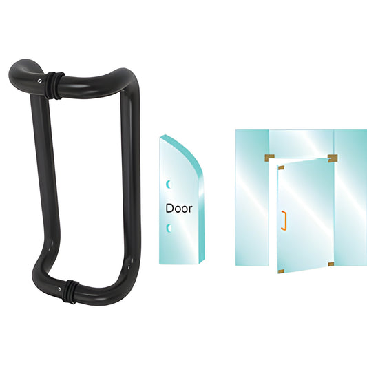 Matte black 12 in glass-mounted pull handle for 3/8-3/4 in tempered glass, includes matching washers and through bolts.