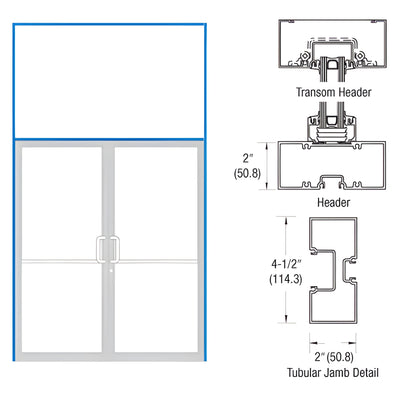 CRL-U.S. Aluminum 451 Series 76" x 126" Clear Anodized Transom Double-Door Frame — Offset Pivot, Surface-Mount Closer