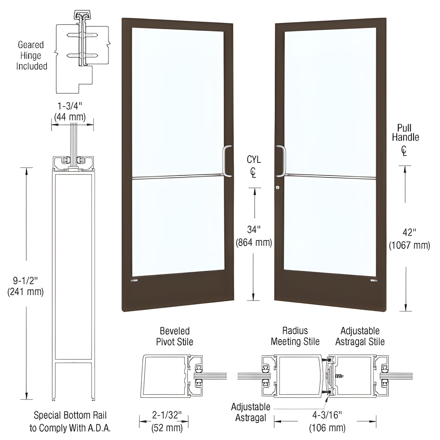 DE22822 black bronze anodized narrow stile commercial entrance door with 9-1/2" ADA bottom rail, glass, gear-hinge prep