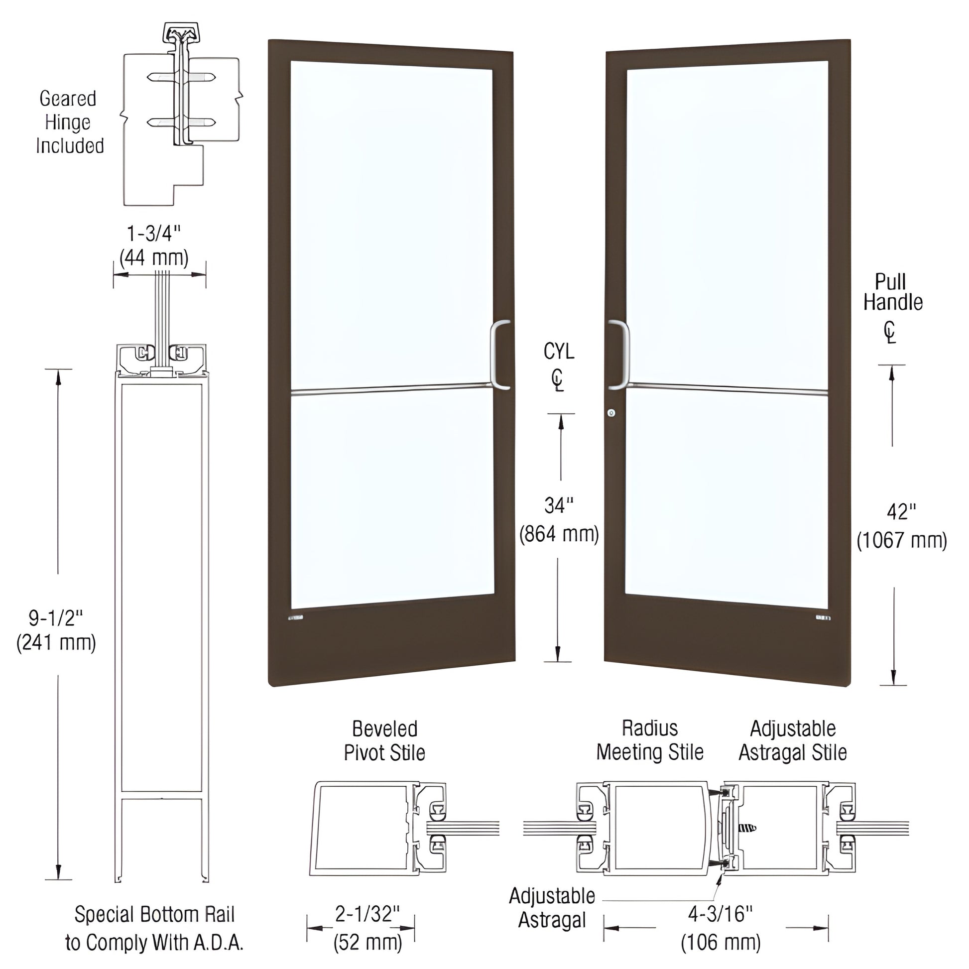 DE22822 black bronze anodized narrow stile commercial entrance door with 9-1/2" ADA bottom rail, glass, gear-hinge prep