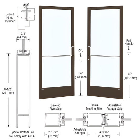 DE22822 black bronze anodized narrow stile commercial entrance door with 9-1/2" ADA bottom rail, glass, gear-hinge prep