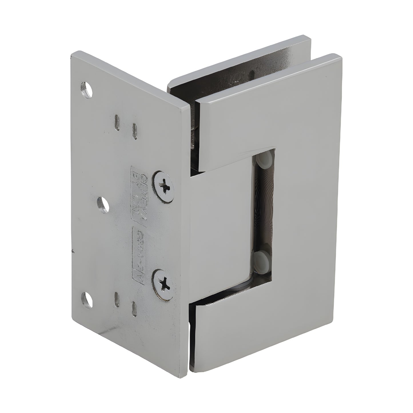 GEN044PN polished nickel brass Geneva self-centering shower door hinge, wall-mount offset, fits 8-12mm glass.