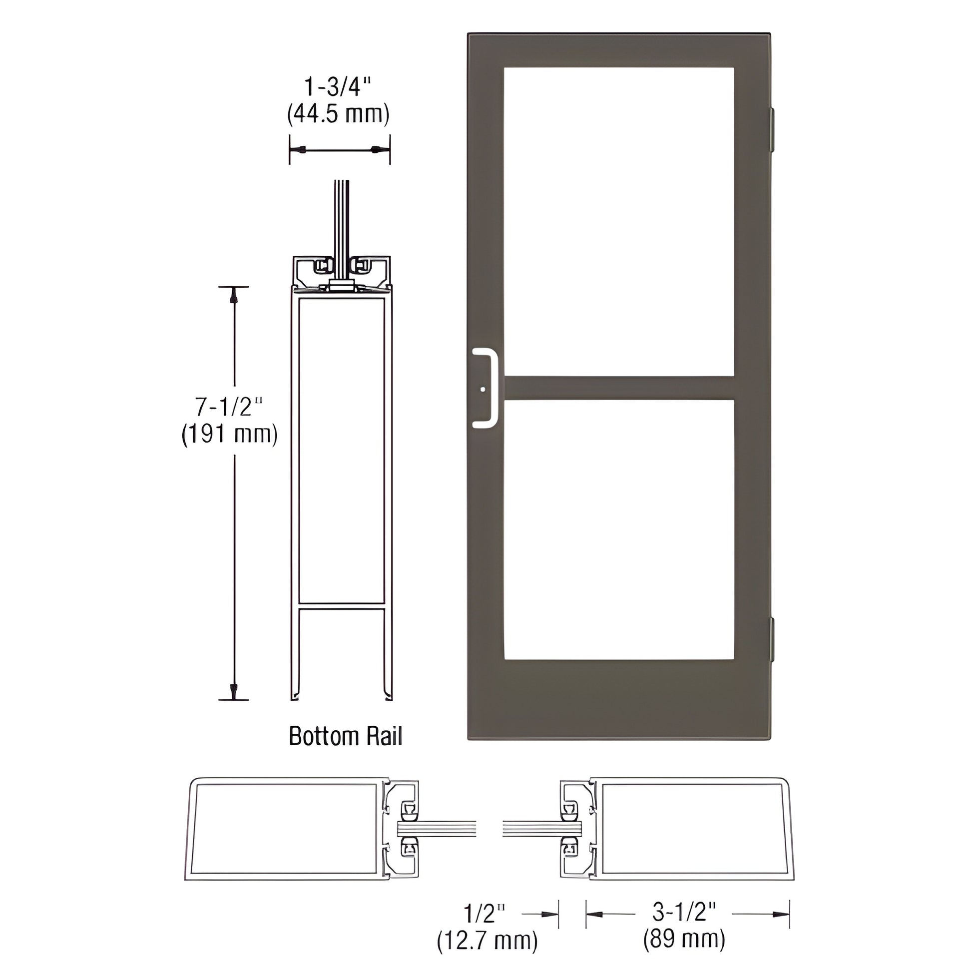 Custom medium-stile entrance door, black bronze anodized, 3-1/2 stiles, 7-1/2 bottom rail, glass panels, panic pull. SKU HZ