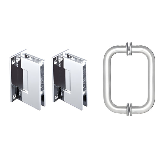 Polished chrome Geneva shower hinge and rectangular pull set (SKU GENS3CH) for 8-12mm tempered glass doors.
