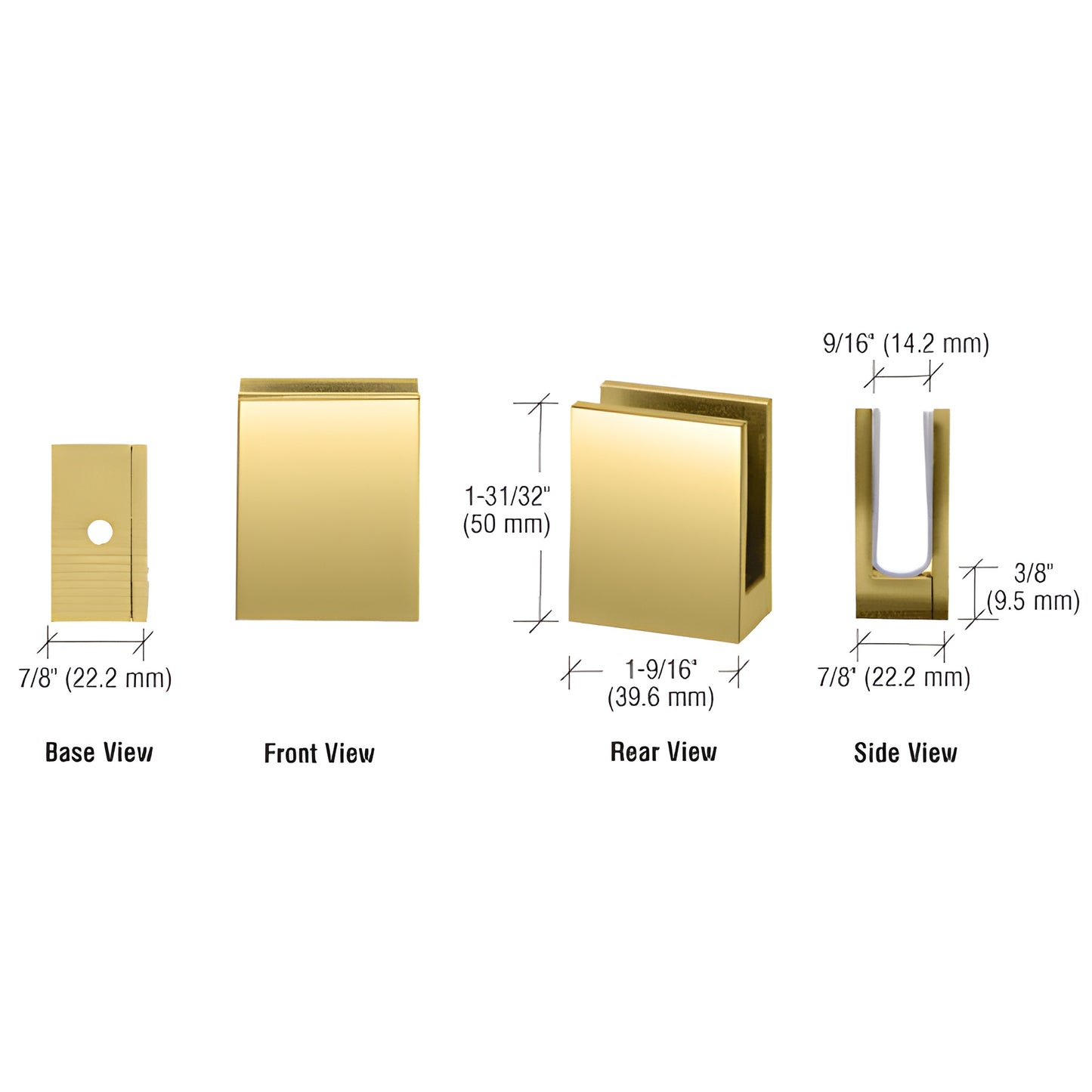 Polished brass heavy glass face plate clamp EH17 for 3/8-1/2" (10-12mm) glass, removable faceplate, multiple view dimensions.