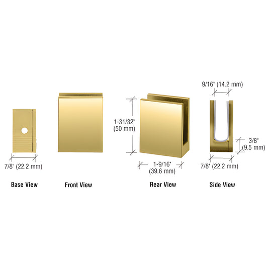 Polished brass heavy glass face plate clamp EH17 for 3/8-1/2" (10-12mm) glass, removable faceplate, multiple view dimensions.
