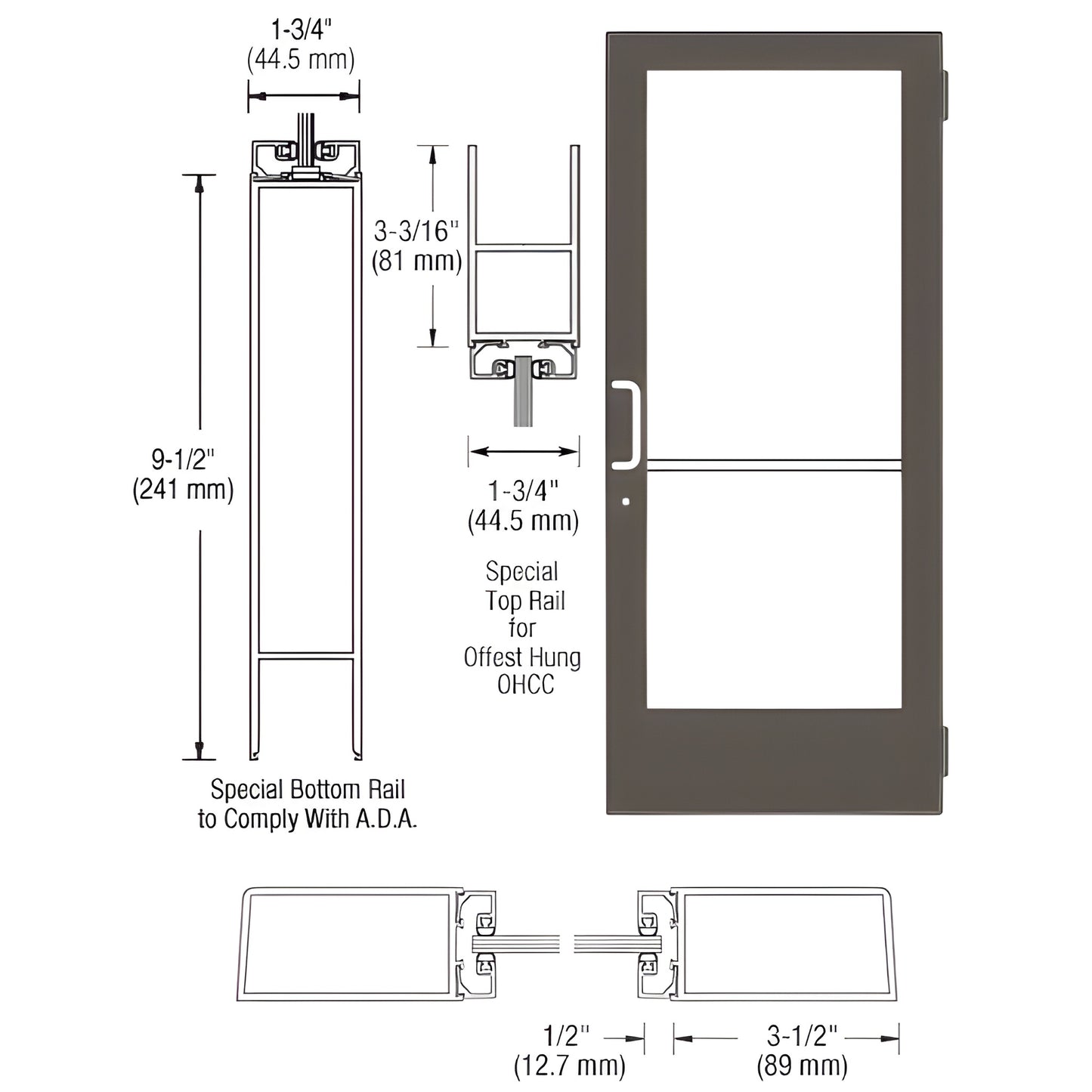 CD41422: Black bronze anodized medium-stile commercial entrance door, ADA 9-1/2" bottom rail, accepts 1/4" tempered glass.