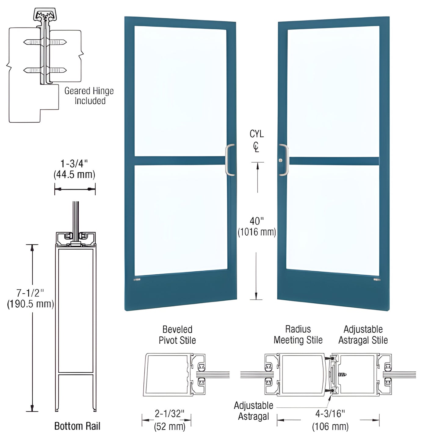 Custom narrow-stile commercial glass double entrance door in teal with 2" stiles and 7.5" bottom rail, SKU HZ22871