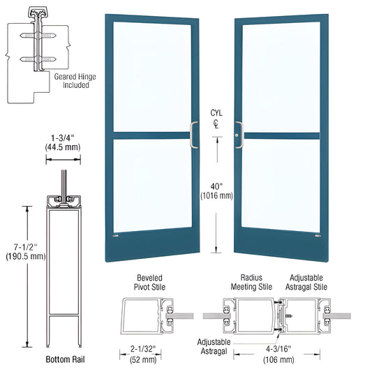 Custom narrow-stile commercial glass double entrance door in teal with 2" stiles and 7.5" bottom rail, SKU HZ22871