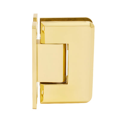 P1N537BR polished brass Pinnacle shower hinge for 8-12mm tempered glass, beveled edge, self-centering, wall-mount.