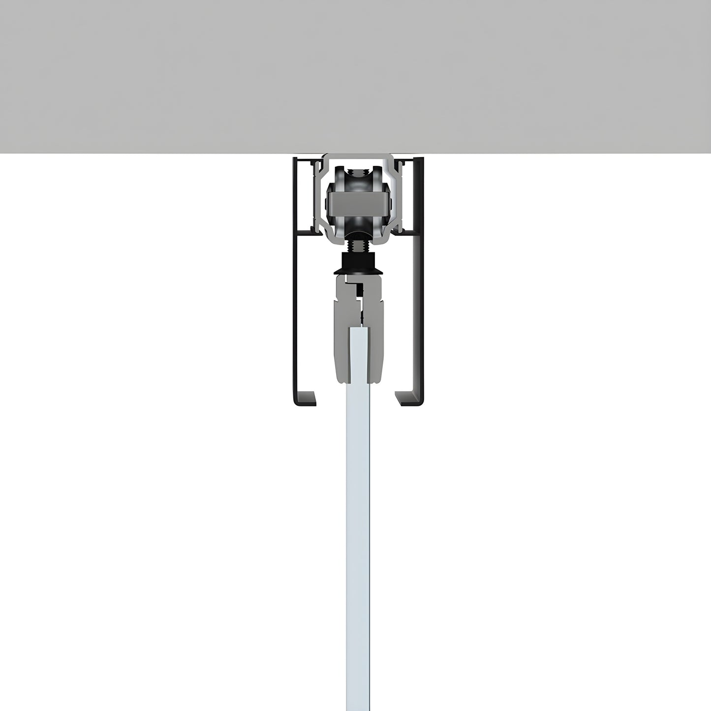 Ceiling-mounted matte black sliding door track with single tempered glass panel (CRL70CMBL)