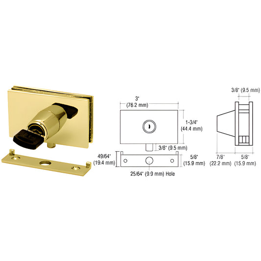 EH100 polished brass plunger lock for 1/4" or 3/8" glass doors, includes stop plate, counter plate, gaskets, removable key.