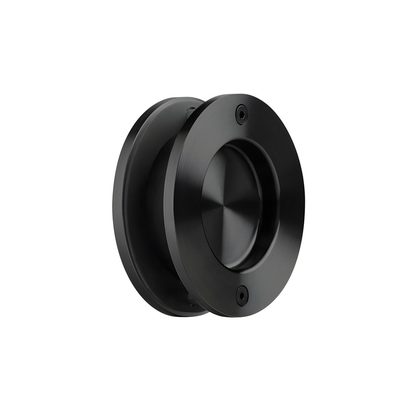 LAT34FPBLS black stainless round flush pull for hole-in-glass doors, 3-1/4 stainless steel recessed handle