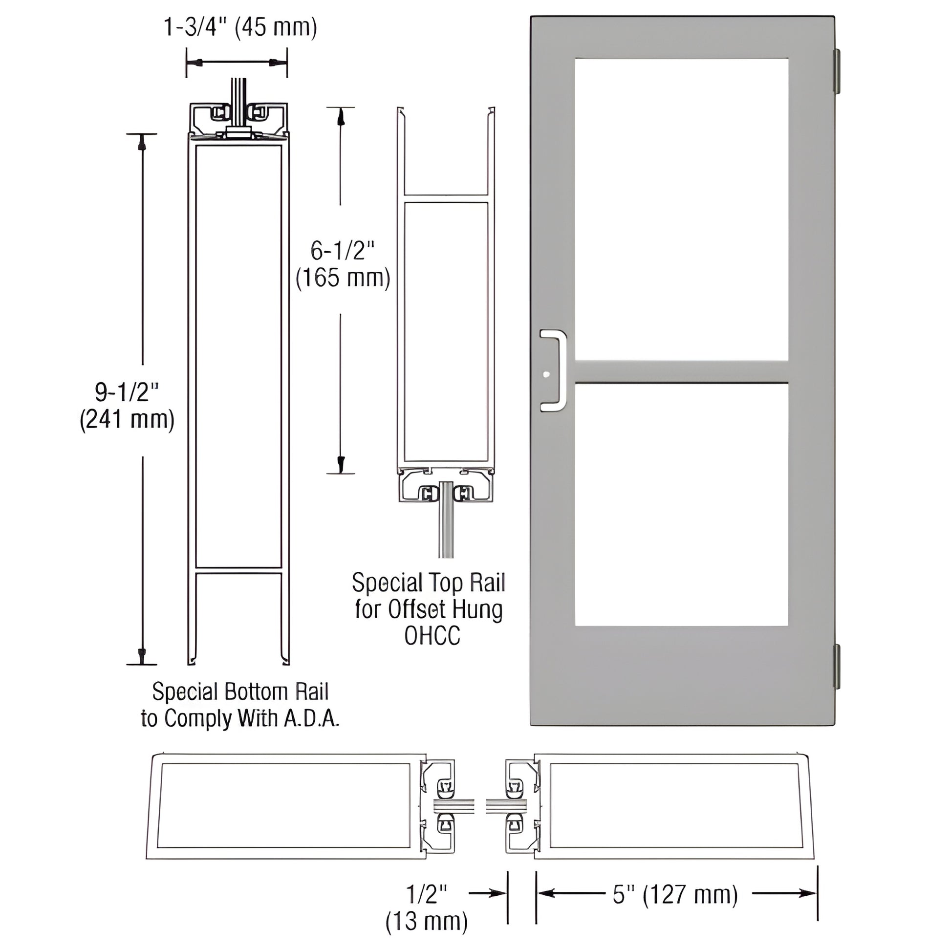 CZ51411 clear anodized wide-stile commercial entrance door with two glass panels, ADA 9.5" bottom rail, panic hardware