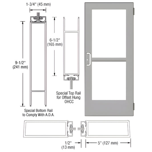 CZ51411 clear anodized wide-stile commercial entrance door with two glass panels, ADA 9.5" bottom rail, panic hardware