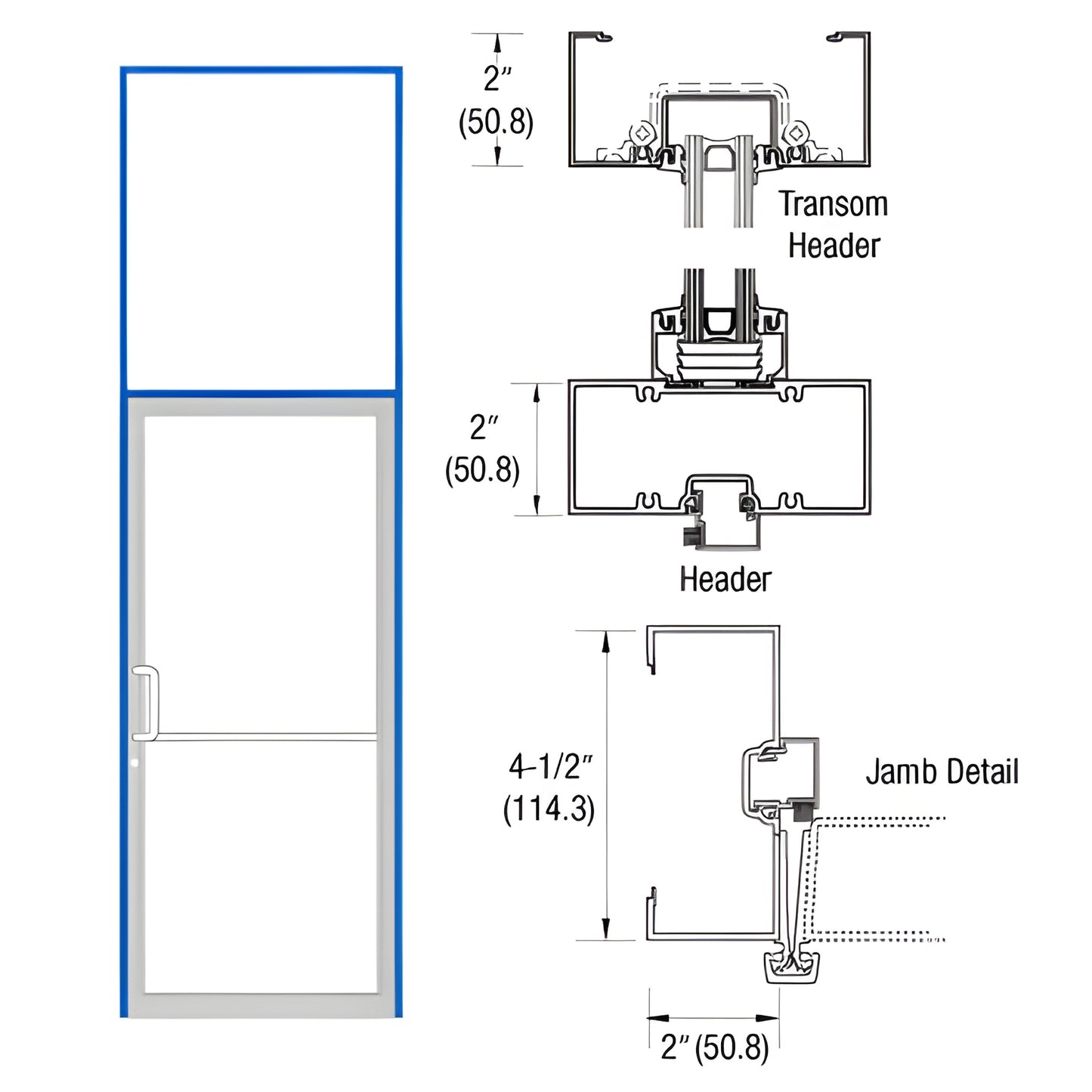 Complete aluminum gear-hinge transom frame with custom Kynar finish, 36x84 base, aluminum threshold (SKU 0B91871)