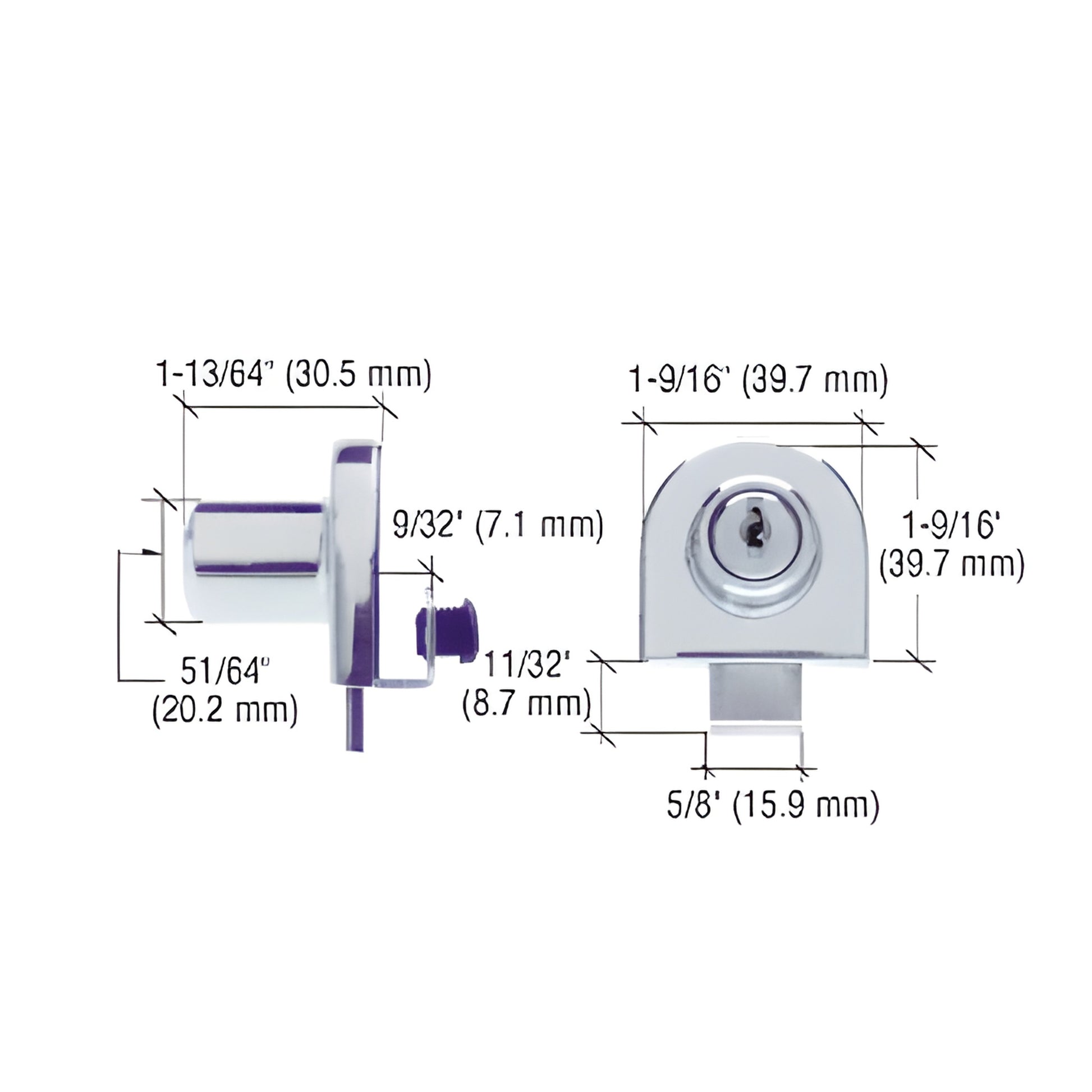 EH206 polished chrome no-drill glass door lock for single 1/4" (6mm) glass, keyed, includes strike plate and two keys.