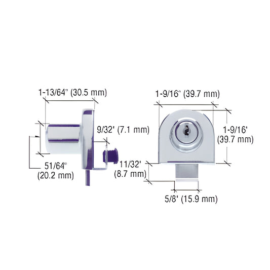 EH206 polished chrome no-drill glass door lock for single 1/4" (6mm) glass, keyed, includes strike plate and two keys.