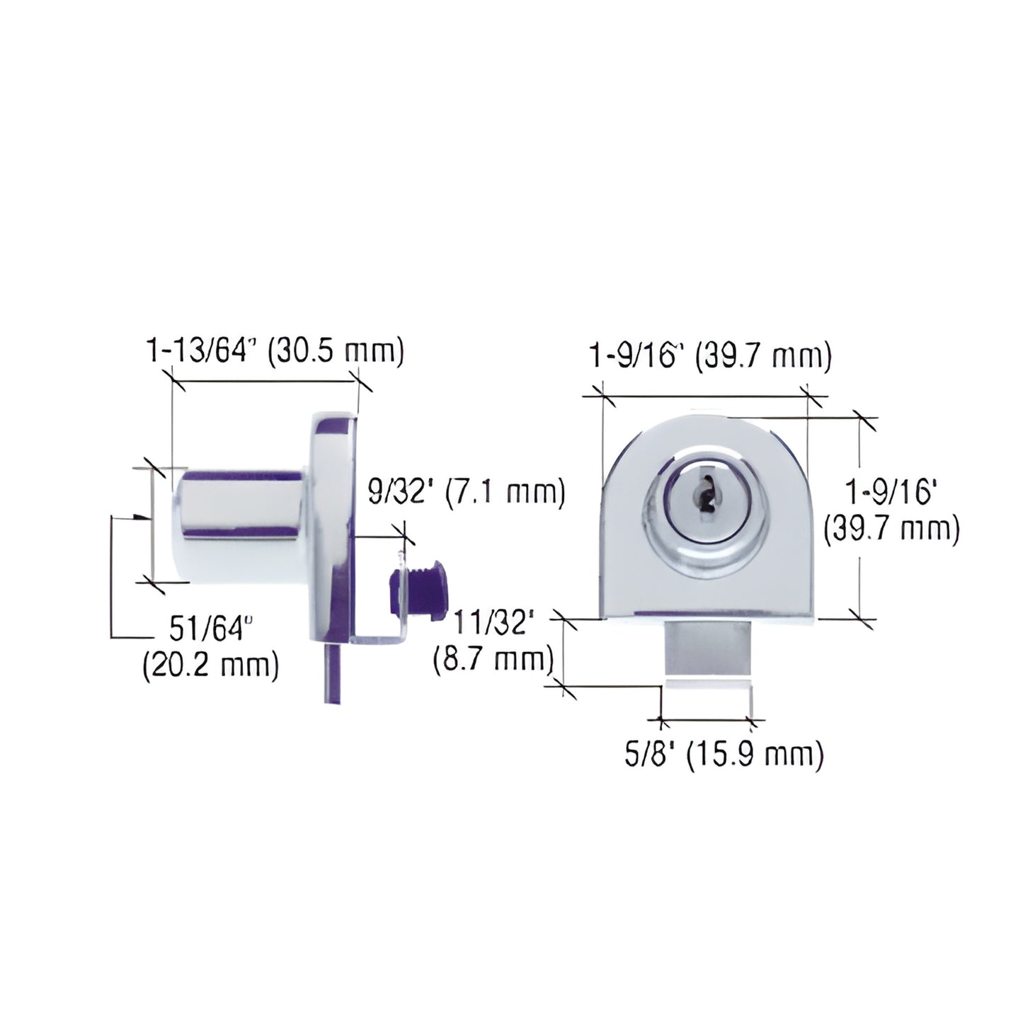 CRL EH206KA polished chrome no drill lock for single 1/4 (6mm) glass door, includes strike plate and two keys, diagram