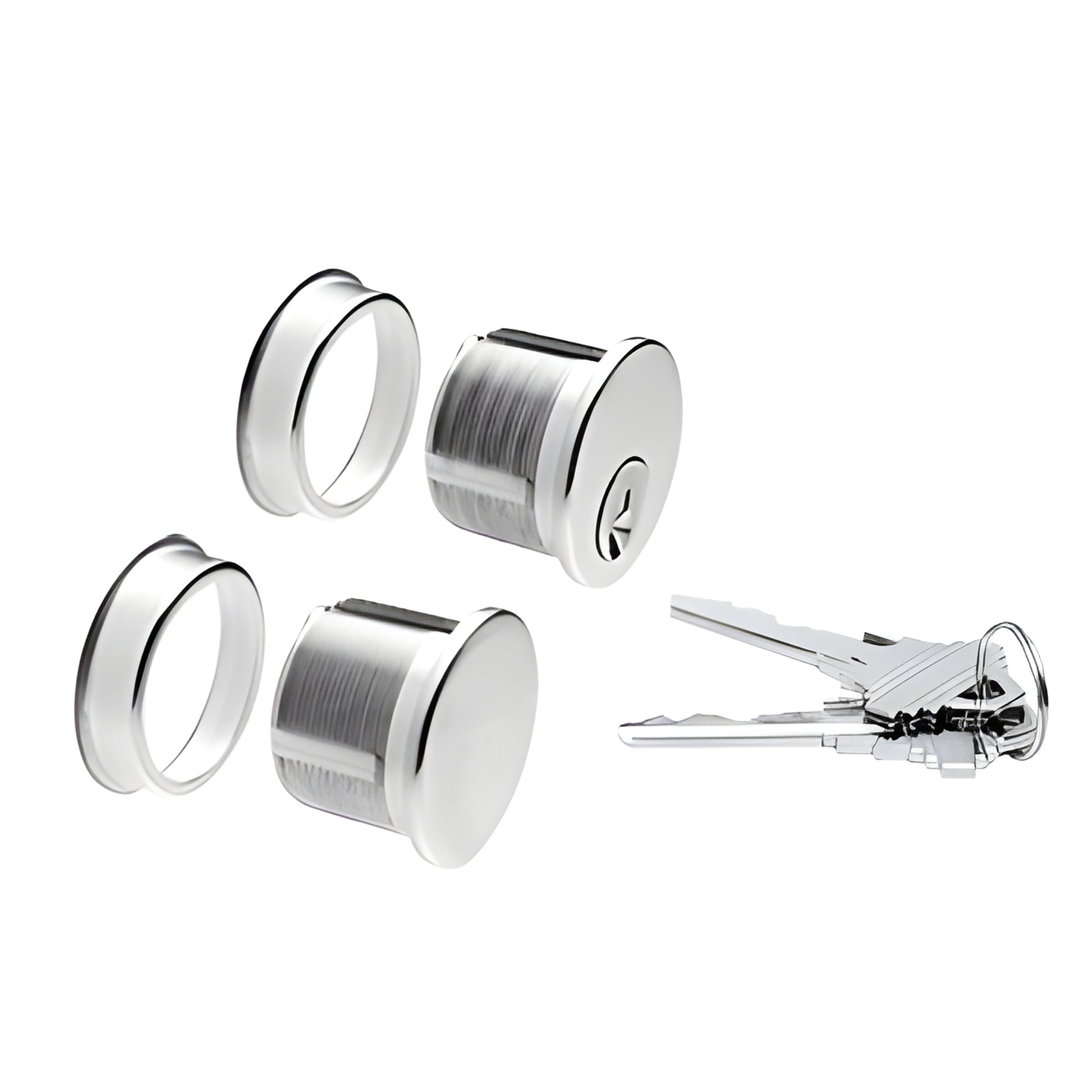 DRA1030PS polished stainless steel mortise cylinder set with two cylinders, trim rings and keys, keyed alike
