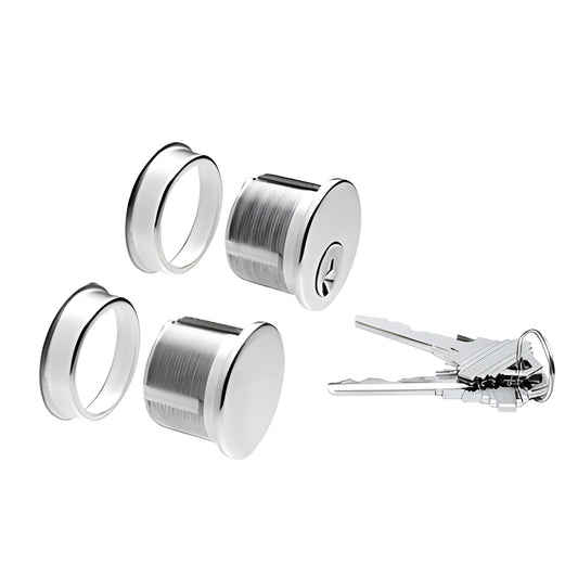 DRA1030PS polished stainless steel mortise cylinder set with two cylinders, trim rings and keys, keyed alike