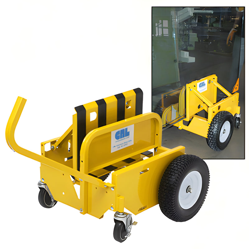 CRL GT02 yellow glass dolly with self-clamping rubber-lined sidewalls, large pneumatic wheels and front locking casters.