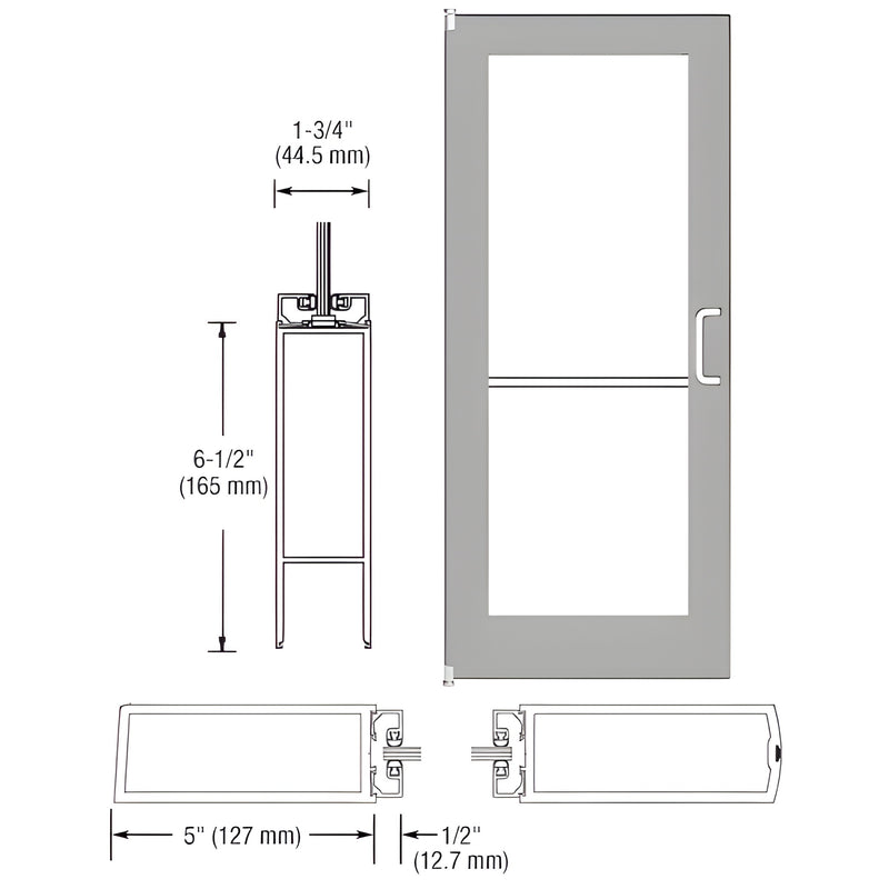 Clear anodized wide-stile entrance door inactive leaf for 1" glass, 5" stiles, includes push/pull and flush bolts - SKU 1DC52