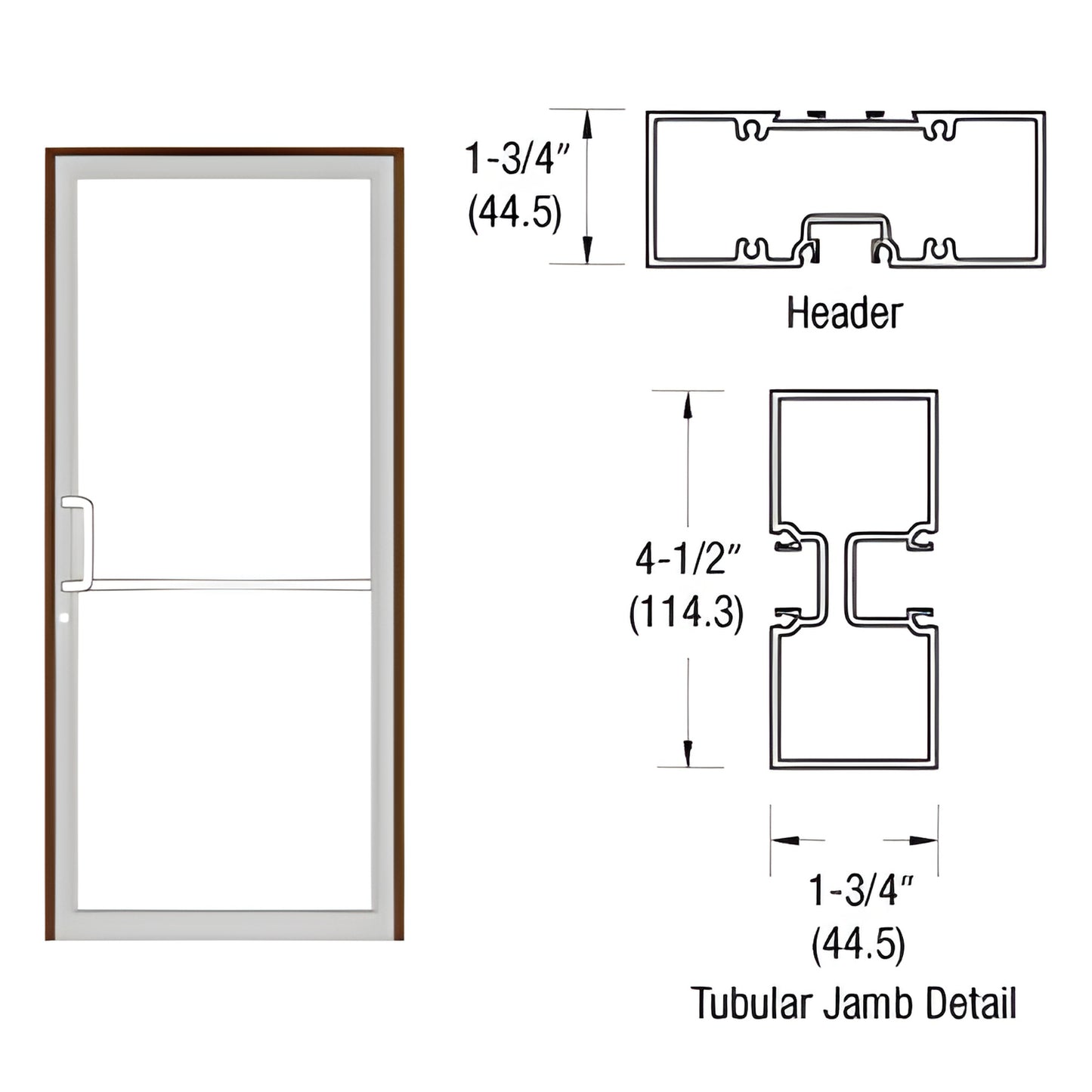FR41822 aluminum gear-hinge frame, black-bronze anodized with threshold; diagram of header and tubular jamb dimensions.