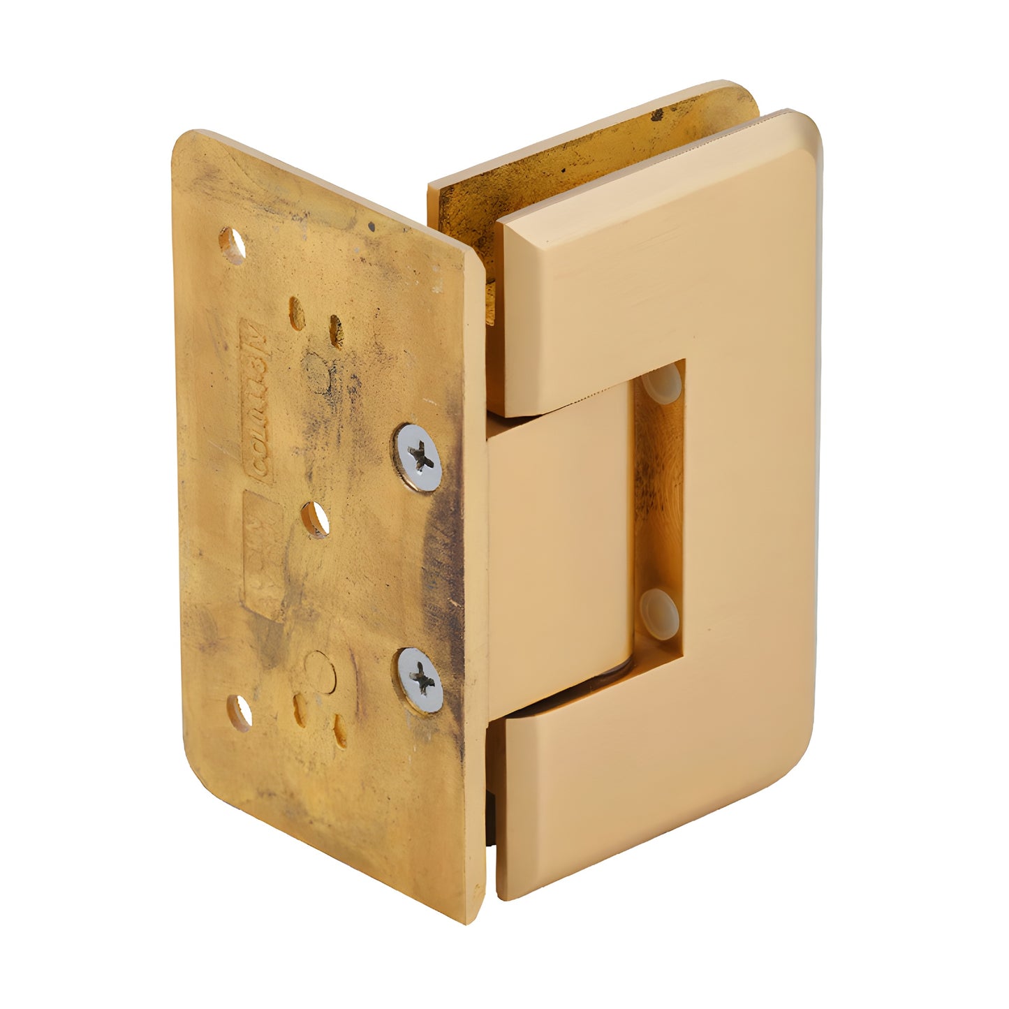 Satin brass Cologne glass shower hinge, solid brass, beveled offset wall-mount (SKU C0L044SB)