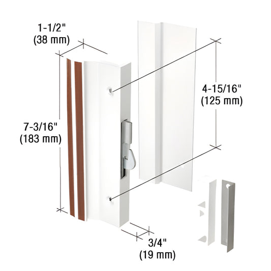 CRL C1203 white extruded aluminum patio door handle set with anti-lift bar, 7-3/16" x 3/4", reversible, surface-mount