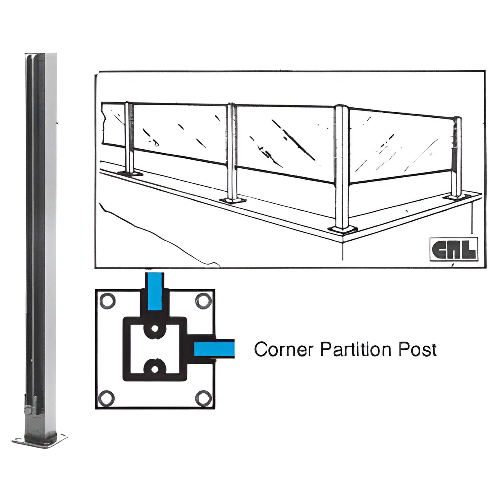 Corner aluminum partition post (D991ACRC), satin anodized square 1-1/8 in extrusion for 1/4 in glass, shown with diagrams.