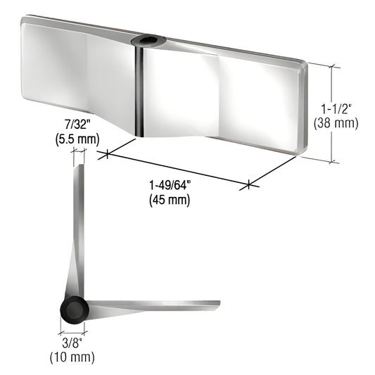 CRL UVHG1PS polished stainless steel glass-to-glass cabinet hinge, 1.5 in high, 45 mm wing, minimalist self-centering