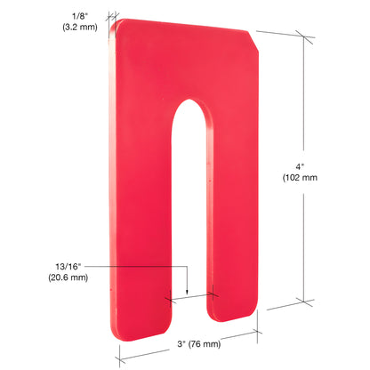 Red jumbo horseshoe shim 3 x 4 in (76 x 102 mm), high-impact styrene U-shaped leveling shim, SKU PHS38