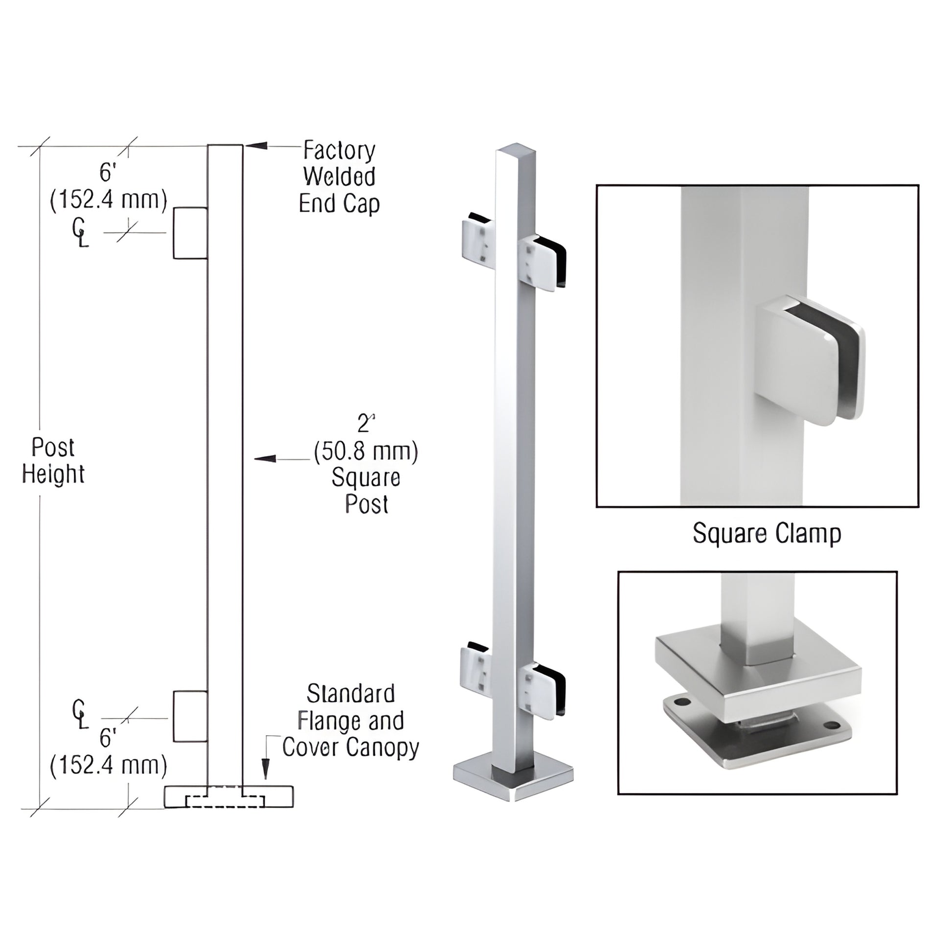 SPS42CPS polished 2" stainless square post kit with base plate, cover canopy and Z-series glass clamps for 1/2" glass