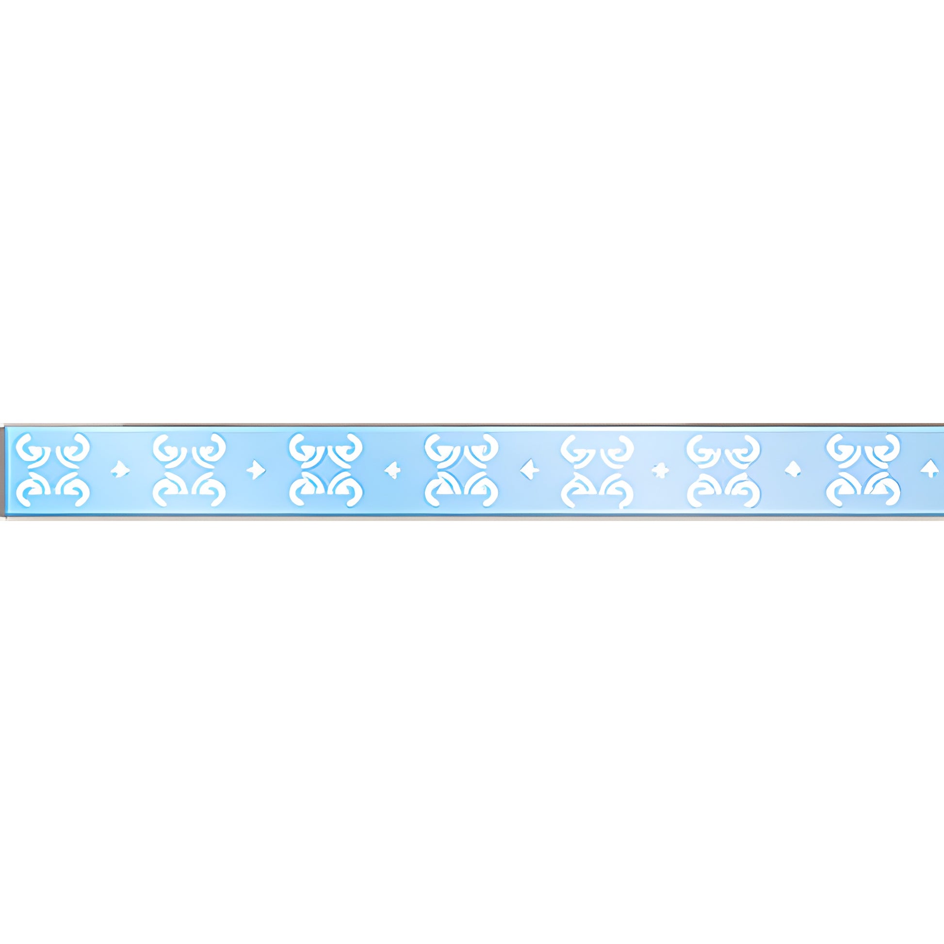 White decorative glass safety decal strip with repeating ornate rectangle motifs on a light-blue background.