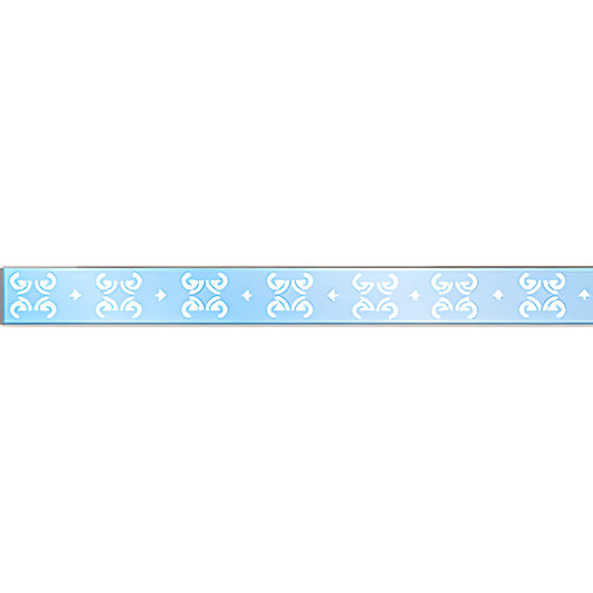 White decorative glass safety decal strip with repeating ornate rectangle motifs on a light-blue background.