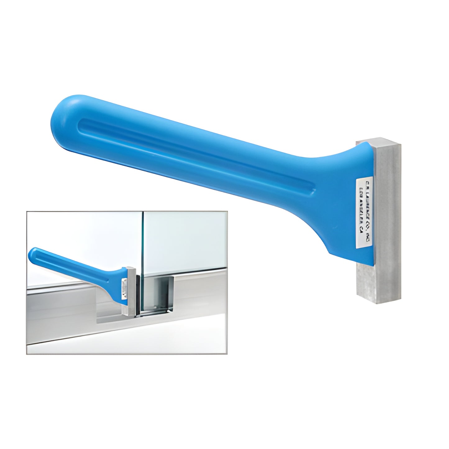 Blue CRL RSB1T rubber spacing block tool with metal head for precise glass-to-frame spacing and sealing pad placement.