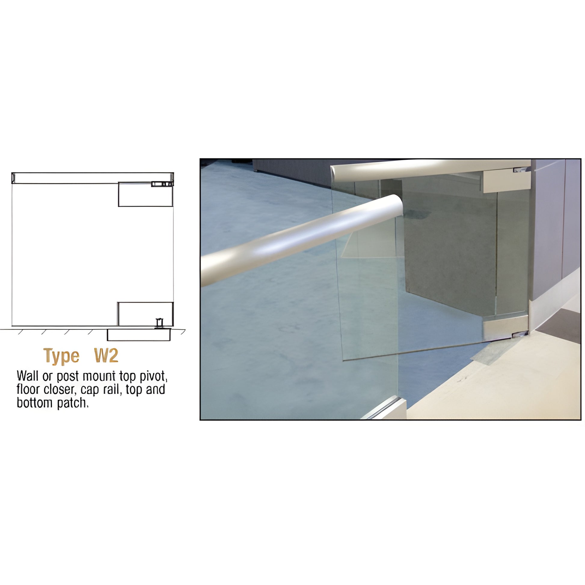 Heavy-duty glass swinging gate with 2 in brushed stainless cap rail, floor closer and top pivot (SKU SGW2BS20C)