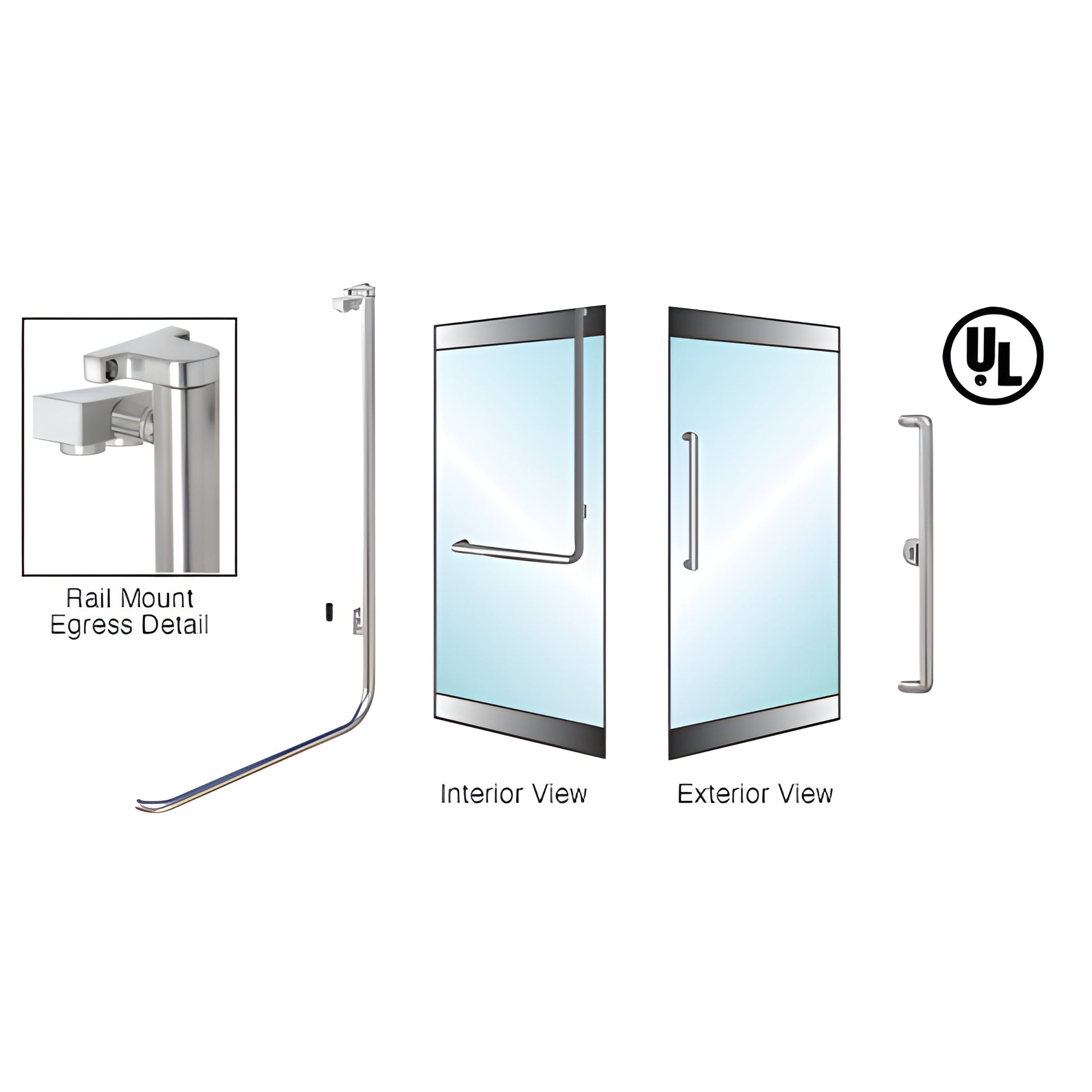EG100X3RKBS brushed stainless steel electronic egress rail-mount handle for 1/2-3/4" glass doors, interior rail and exterior
