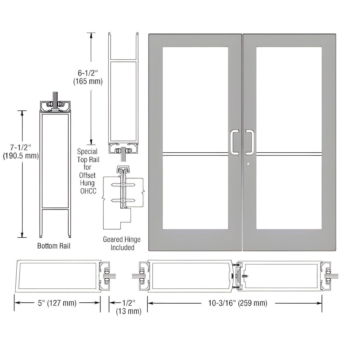 Custom Wide Stile Entrance Door HE52911, clear anodized, 5" stiles, 51 2" top rail, 71 2" bottom rail, glass panel