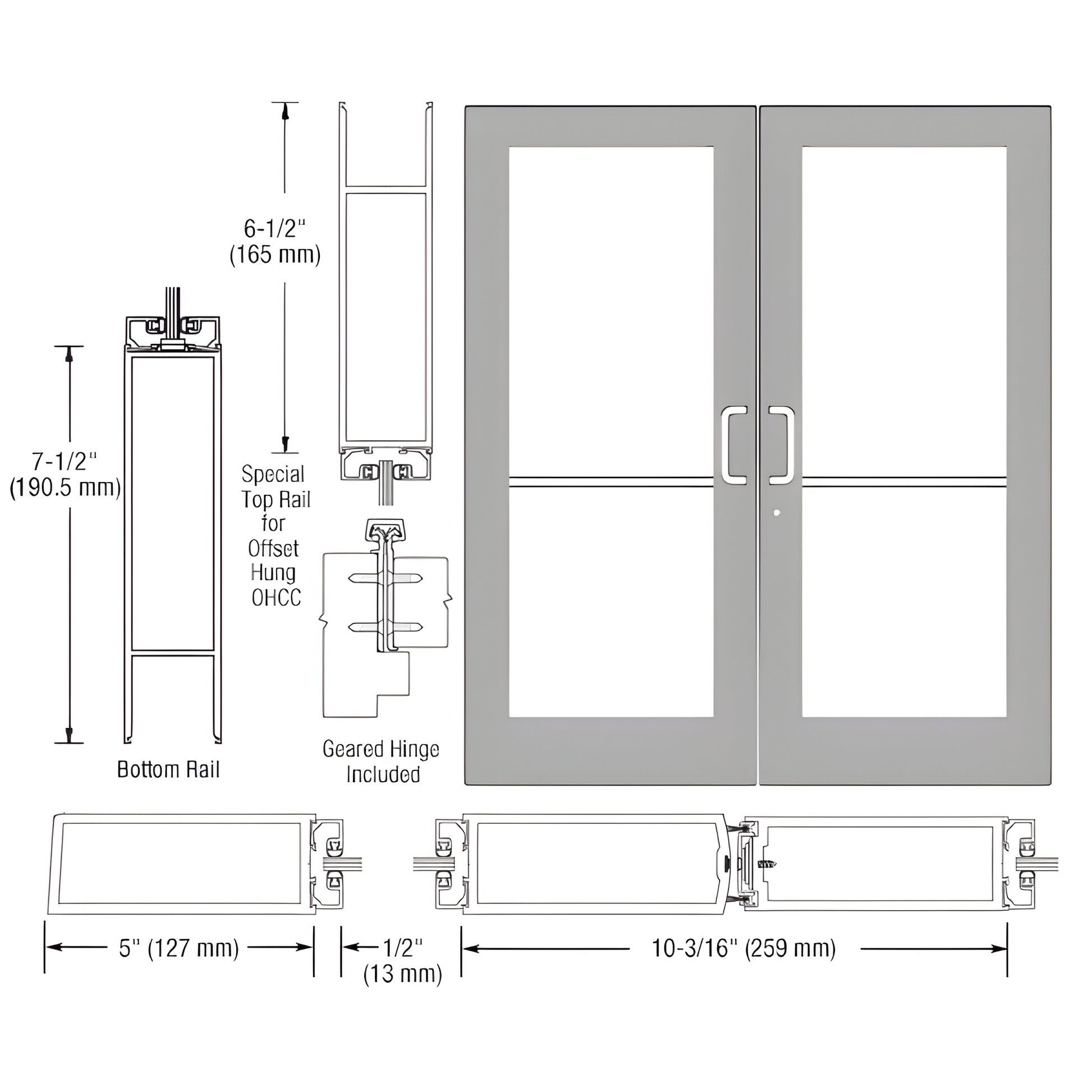 Custom Wide Stile Entrance Door HE52911, clear anodized, 5" stiles, 51 2" top rail, 71 2" bottom rail, glass panel