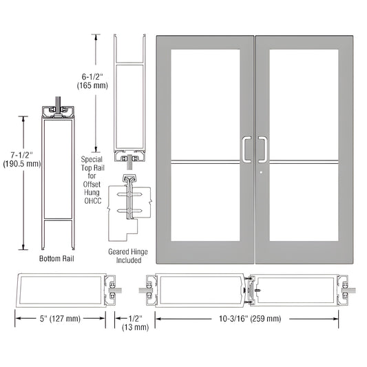 Custom Wide Stile Entrance Door HE52911, clear anodized, 5" stiles, 51 2" top rail, 71 2" bottom rail, glass panel