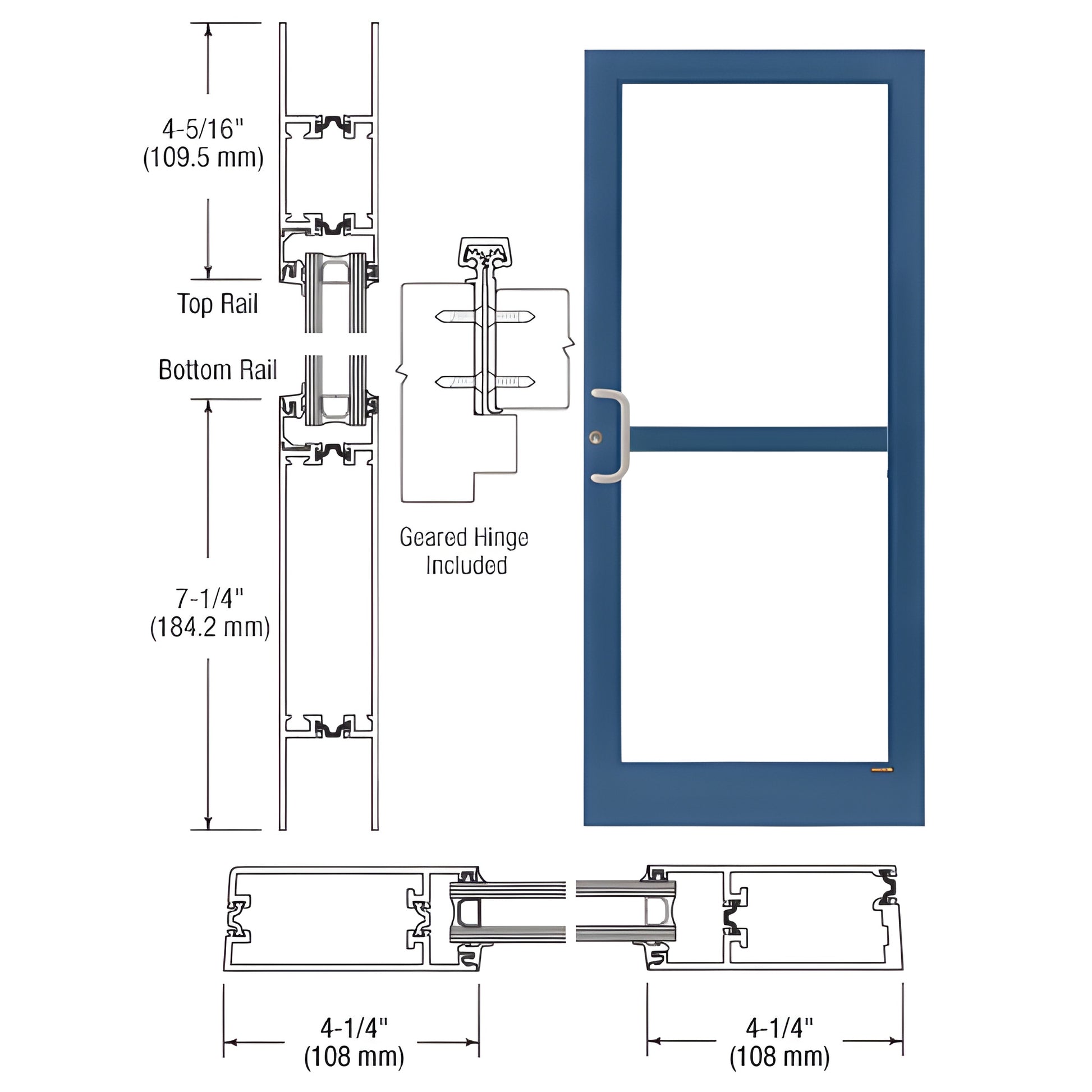 CRL medium stile commercial entrance door (SKU 1Z41871), blue Kynar finish, 4-1/4 in stiles, 7-1/4 in bottom rail, hardware s