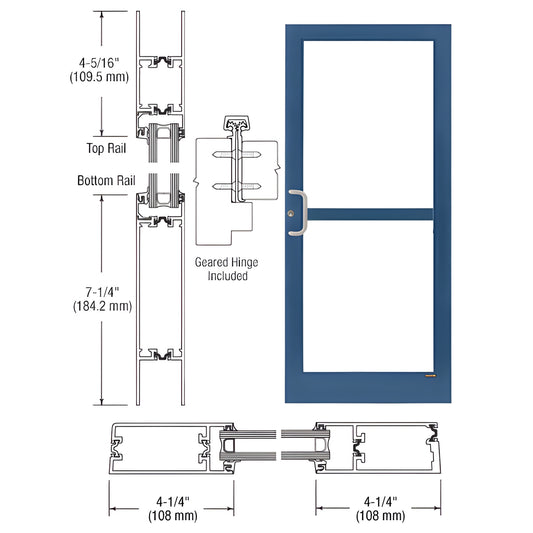 CRL medium stile commercial entrance door (SKU 1Z41871), blue Kynar finish, 4-1/4 in stiles, 7-1/4 in bottom rail, hardware s