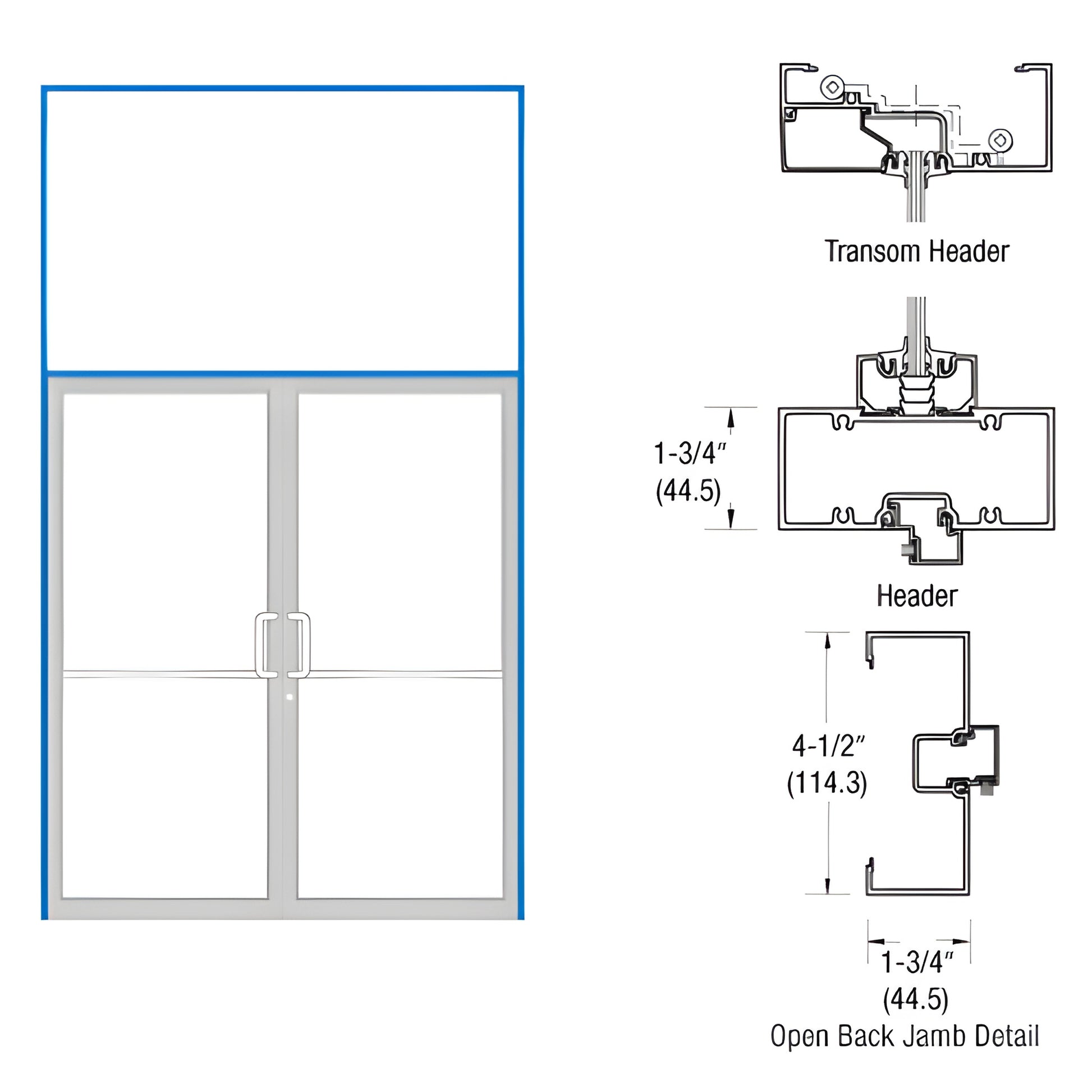 Double glass storefront gear-hinge transom frame with aluminum threshold and open-back jamb detail - SKU 0B62871