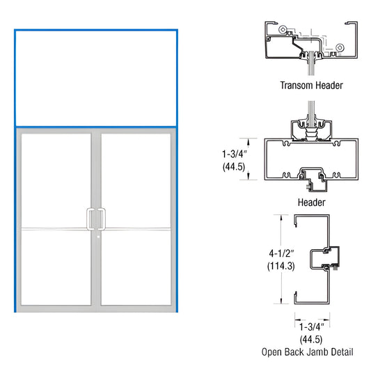 Double glass storefront gear-hinge transom frame with aluminum threshold and open-back jamb detail - SKU 0B62871