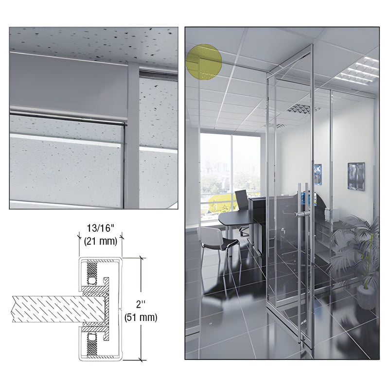 J12BS brushed stainless steel narrow-profile mullion for 1/2" (12 mm) glass, 13/16" (21 mm) wide, shown in a glazed office pa