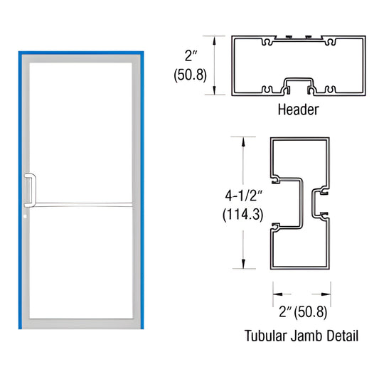 FR71571 aluminum butt-hinge door frame in blue Kynar, 36x84 example and header/tubular jamb profile diagrams (2" x 4.5")