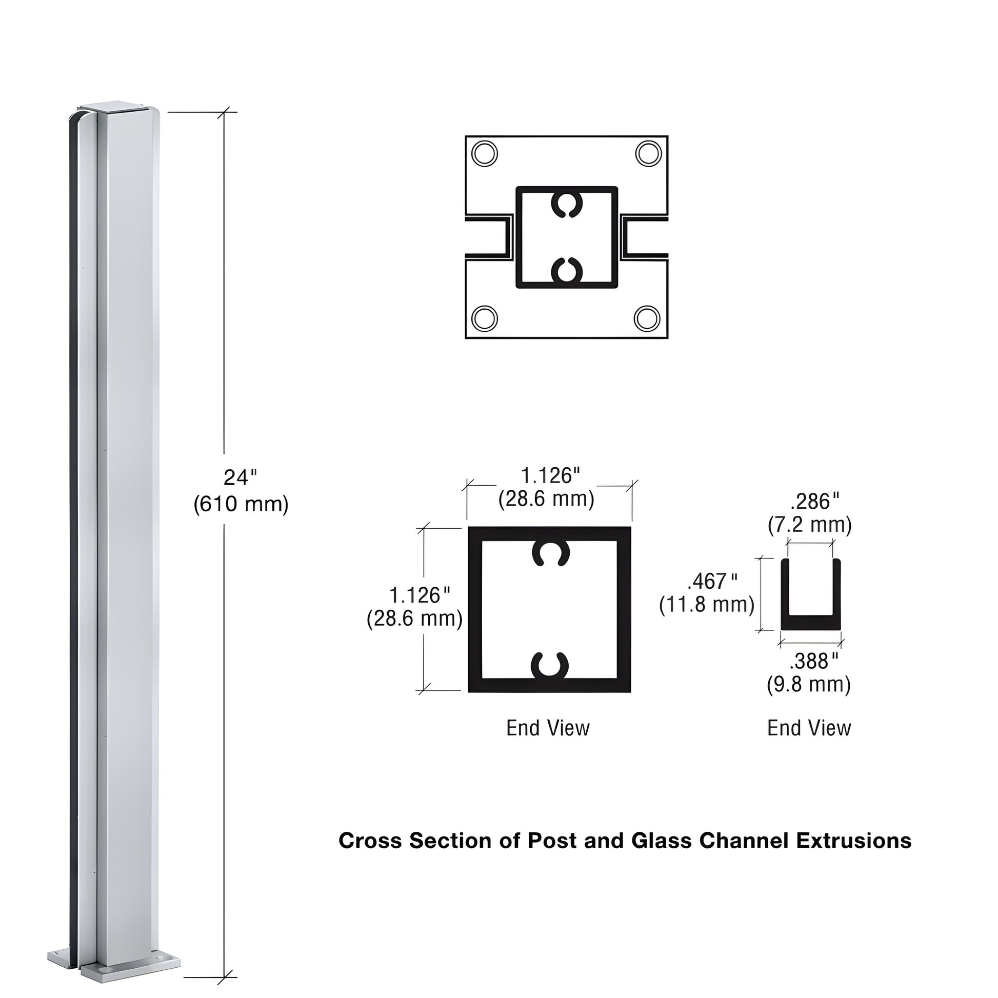 Satin anodized aluminum 24" square center partition post with full length U channel for 1/4" glass and flat top.